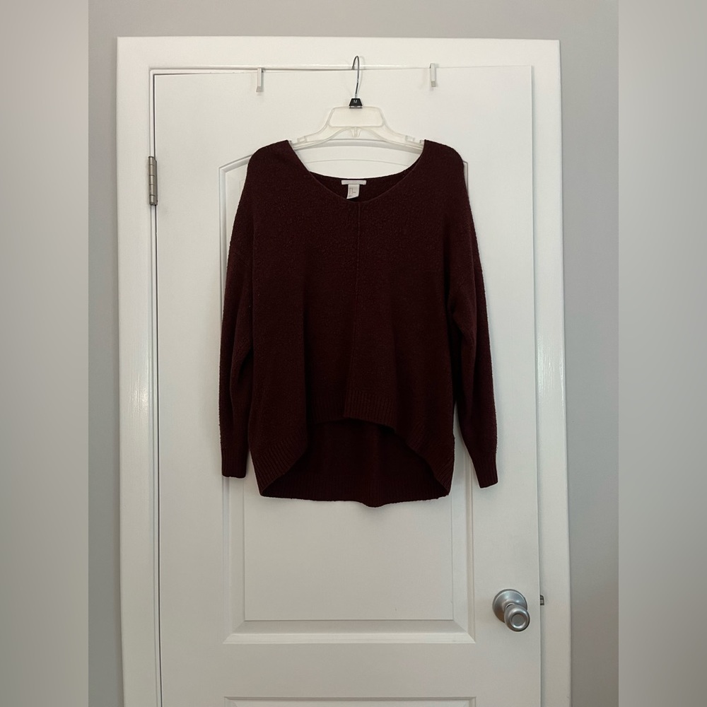 H&M Womens Pullover Sweater Maroon Marled Long Sleeve V Neck